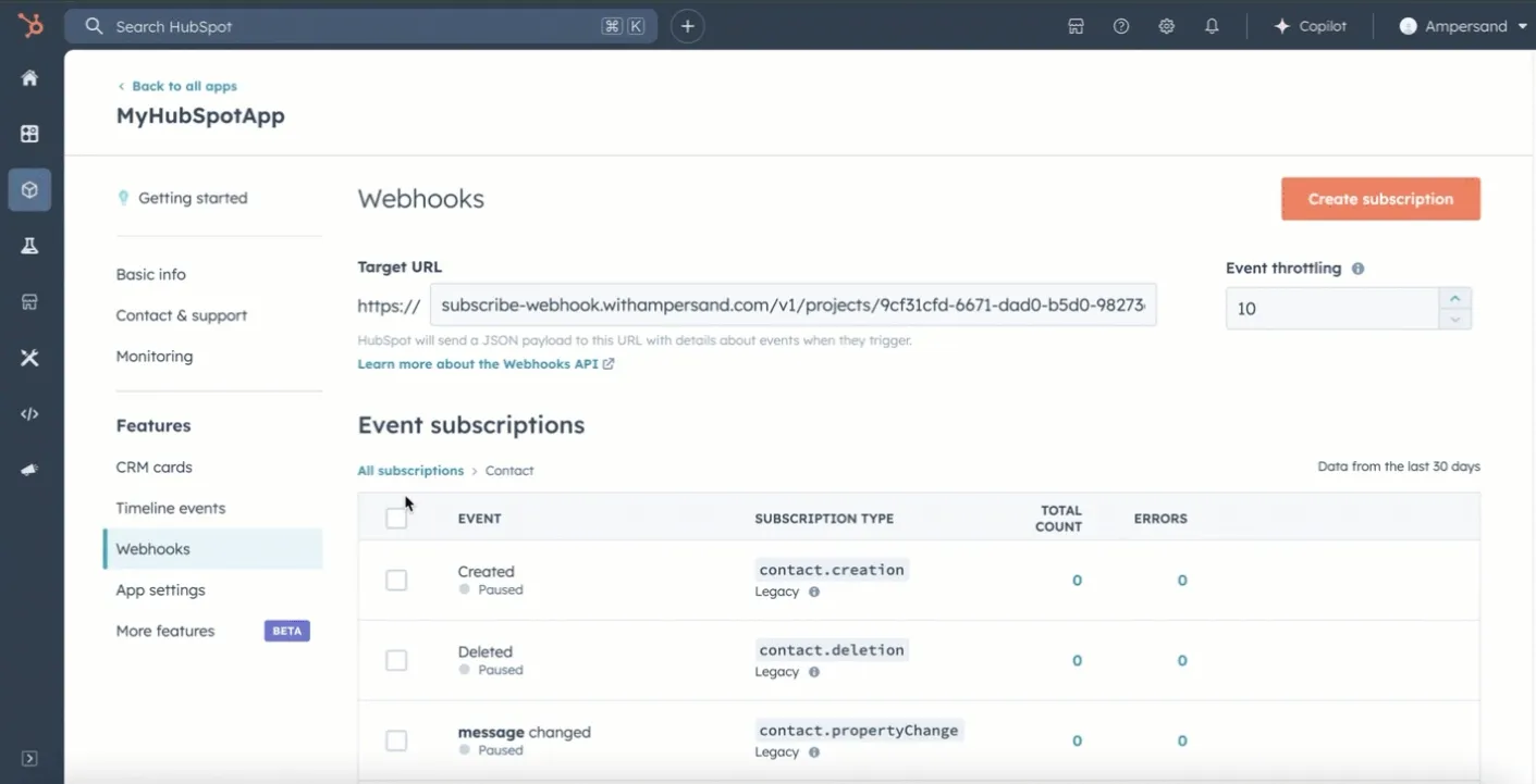 Ampersand provides Subscribe Actions, allowing real time updates and notifications from your customers' systems of record