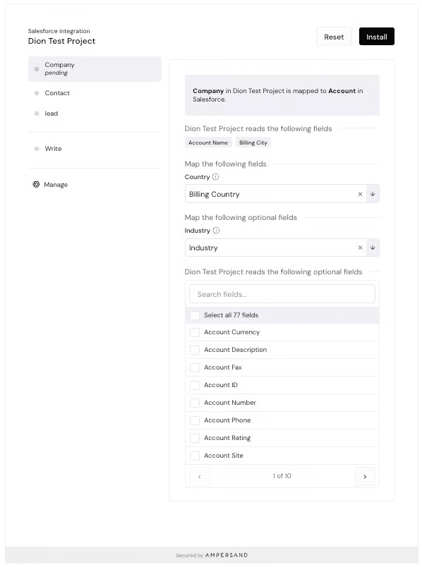 Ampersand embedded Salesforce configuration interface for selecting and mapping fields