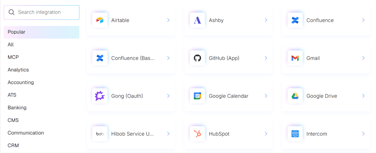 Nango integration catalog interface